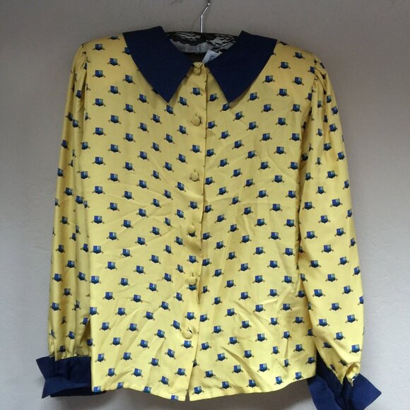 Vintage FRANK YOUNG Size 4 Silk Blouse Yellow Navy Crests Ribbons Button Back - Picture 2 of 8